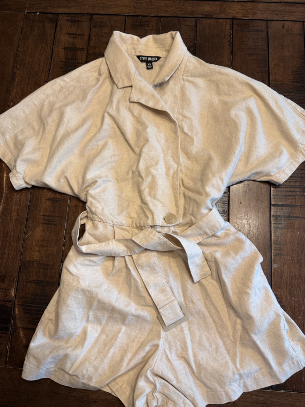 Steve Madden Neutral Beige Short-Sleeve Linen Romper with Tie Belt